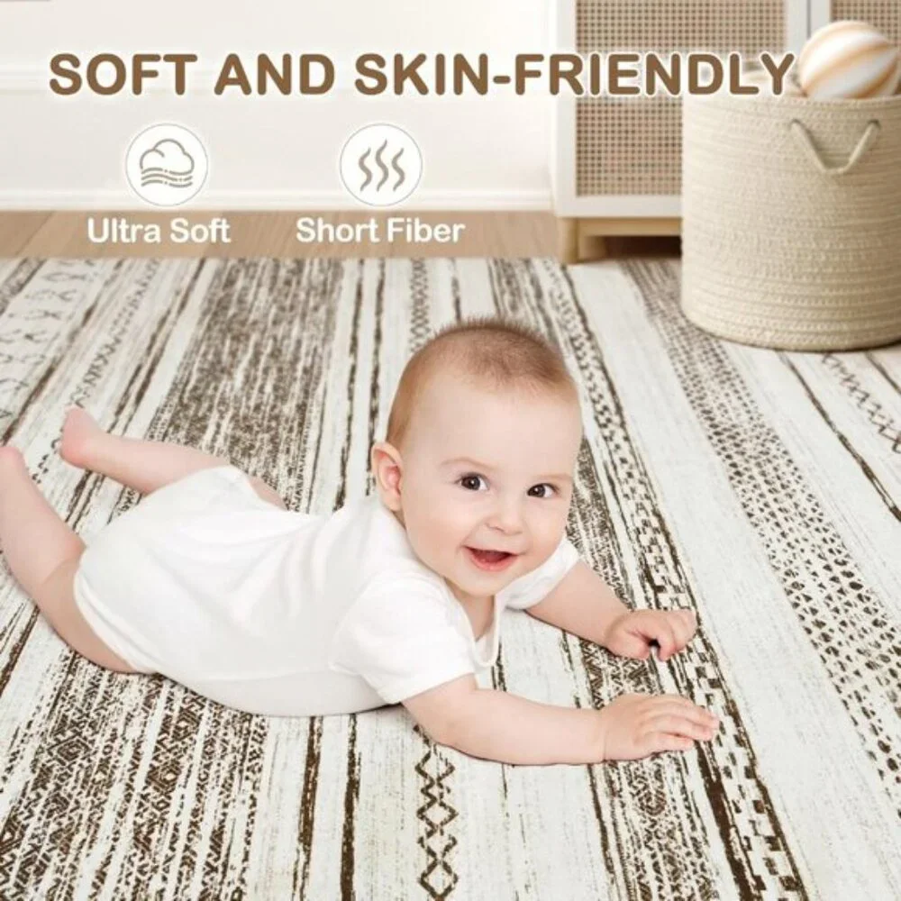 New 5x7 Cream Brown Boho Area Rug Washable Soft Carpet for Home & Room Decor